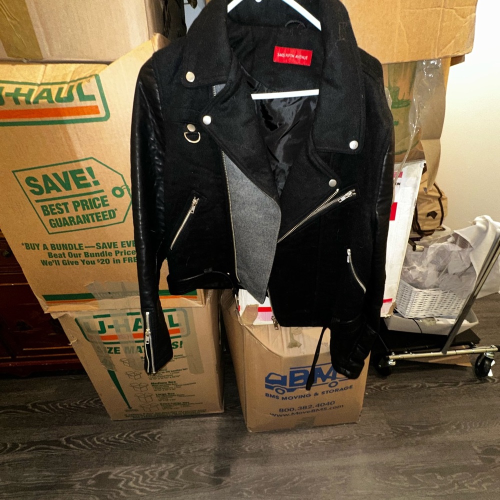 Saks Fifth Avenue Black Leather Jacket with Silver Accents